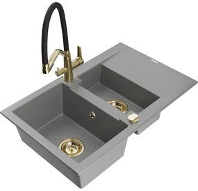 Mexen Gaspar, granitový drez 737x475x177 mm, 1,5-komorový a drezová batéria Duo, šedá, 6507-71-671701-57-G