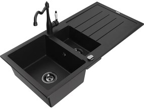Mexen Andres, granitový drez 1000x500x200 mm, 1,5-komorový a drezová batéria Carla, čierna, 6515-77-670700-70-B
