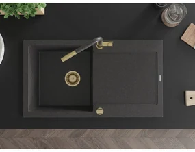 Mexen Leo, 1-komorový granitový drez 900x500x190 mm a drezová batéria Flora, čierna škvrnitá, 6501-76-670401-75-G