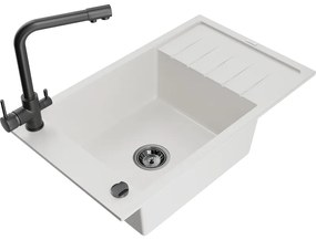 Mexen Elias, 1-komorový granitový drez s odkvapkávačom 795x480x200 mm a čierna batéria Duero, biela, 6511-20-671600-70