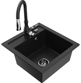 Mexen Vito, 1-komorový granitový drez 520x490x210 mm a drezová batéria Savita, čierna, 6503-77-672601-70-B