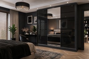 Šatníková skriňa 232 cm Belini čierny mat / čierny lesk s posuvnými dverami zrkadlom a zásuvkami  MGB SZP8/0/B/2B1L/KLP