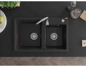 Mexen Tomas, granitový drez 800x500x190 mm, 2-komorový a chrómová batéria Telma, čierna-strieborná metalíza, 6516-73-670200-00