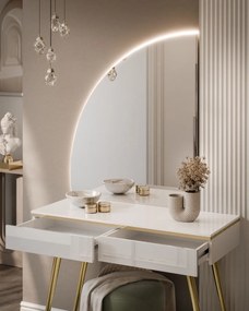 TOALETNÝ STOLÍK NESSIE BIELY LESK ĽAVÝ + ZLATÉ NOHY + ZRKADLO POLMESIAC