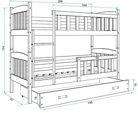Poschodová posteľ KUBO - 200x90cm - Biela - Grafitová