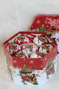 Bielo červené vianočné gule s vláčikom 7cm 14ks