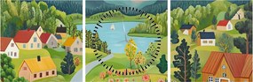 Obraz - Dedina v horách (s hodinami) (90x30 cm)