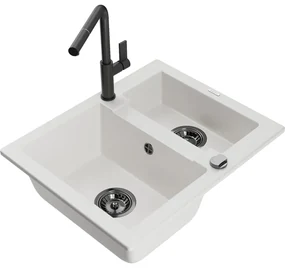 Mexen Carlos, 1,5-komorový granitový drez 582x475x177 mm a drezová batéria Flora, biela, 6518-20-670401-70-B