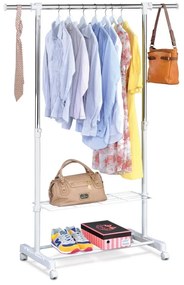 Stojan na šaty s odkladačem a poličkou, bílá barva, kov / plast, chrom