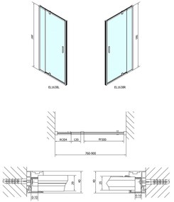 Polysan, EASY LINE otočné sprchové dvere 760-900mm, sklo Brick, EL1638