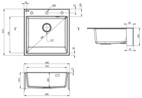 Deante Eridan Farmerski, granitový drez na dosku 600x610x214 mm, 3,5" + priestorovo úsporný sifón, 1-komorový, antracitová metalíza, ZQE_T10K