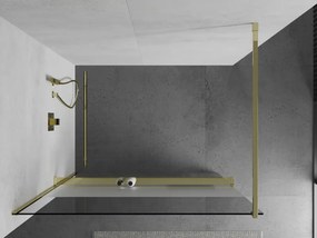 Mexen Kioto+, sprchová zástena s poličkou a držiakom na uteráky 100 x 200 cm, 8mm číre sklo vzor námraza, zlatý profil, 800-100-121-50-35