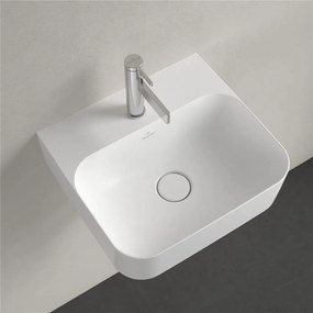 VILLEROY &amp; BOCH Finion závesné umývadielko s otvorom, so skrytým prepadom, 430 x 390 mm, Stone White, s povrchom CeramicPlus, 436444RW