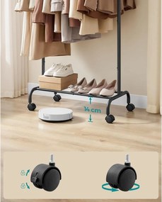 Vešiak na šaty s kolieskami, stojan na oblečenie, nosnosť 45 kg, čierny