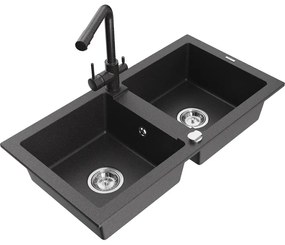 Mexen Mario, 2-komorový granitový drez 820x436x161 mm a čierna škvrnitá drezová batéria Duero, čierna škvrnitá, 6504-76-671600-76