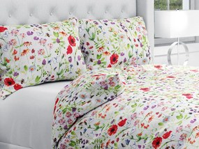 Biante Bavlnené posteľné obliečky Sandra SA-608 Červeno-fialové lúčne kvety s motýlikmi a čmeliakmi na bielom Predĺžené 140x220 a 70x90 cm
