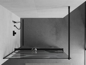 Mexen Kioto+, sprchová zástena s poličkou a držiakom na uteráky 140 x 200 cm, 8mm sklo číre sklo vzor biely, čierny profil, 800-140-121-70-97