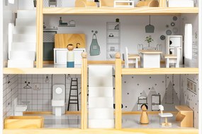 EcoToys Drevený domček pre bábiky sivý -18 kusov dreveného nábytku
