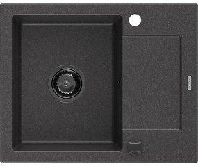 Mexen Enzo, granitový drez 576x465x174 mm, 1-komorový, čierna-škvrny s čiernym sifónom, 6506571005-76-B