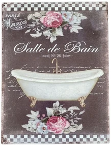 Čierna nástenná kovová ceduľa Salle de Bain - 25*33 cm