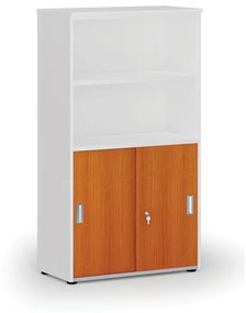 Kombinovaná kancelárska skriňa PRIMO WHITE, zasúvacie dvere na 2 poschodia, 1434 x 800 x 420 mm, biela/čerešňa