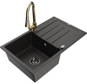 Mexen Bruno, 1-komorový granitový drez 795x495x200 mm a drezová batéria Elia, čierna-zlatá metalíza, 6513-75-670101-50-B