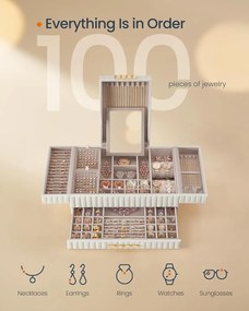 Šperkovnica so zrkadlom ANAH, organizér na šperky so zásuvkou, biela