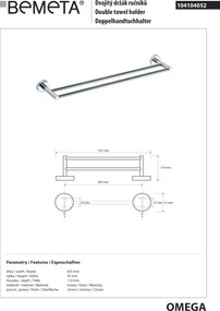 Bemeta Design OMEGA: Držiak uterákov, 600 mm, dvojitý - 104104052