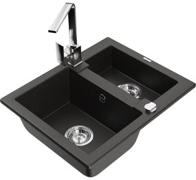 Mexen Carlos, 1,5-komorový granitový drez s odkvapkávačom 582x475x177 mm a chrómová kuchynská batéria Rita, čierna - zlatá metalíza, 6518-75-670300-00