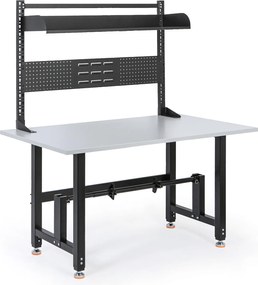 Výškovo nastaviteľný baliaci stôl PROFI, 1400 × 800 × 790–940 mm s s nadstavbou a držiakom role