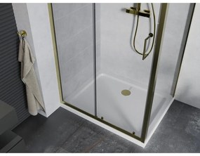 Mexen Apia, sprchový kút s posuvnými dverami 120 (dvere) x 70 (stena) cm, 6mm číre sklo, zlatý profil + biela sprchová vanička SLIM, 840-120-070-50-00-4010G