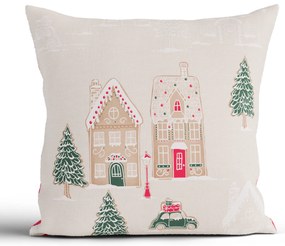 Vianočná bavlnená obliečka na vankúšik Renforcé 40 × 40 cm – Perníková chalúpka krémová