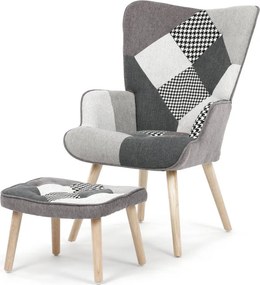 Relaxačné kreslo ušiak LISA + taburet — masív, látka, čiernobiely patchwork