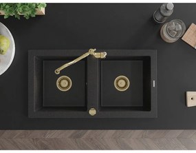 Mexen Mario, granitový drez 820x436x161 mm, 2-komorový a drezová batéria Carla, čierna-strieborná metalíza, 6504-73-670700-50