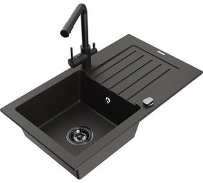 Mexen Pablo, granitový drez 752x436x161 mm, 1-komorový a čierna batéria Duero, čierna - zlatá metalíza, 6510-75-671600-70-B