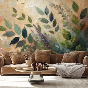 Tapeta maľované zelené listy na béžovom pozadí