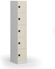 Šatníková skrinka s úložnými boxmi, 5 boxov, 1850 x 300 x 500 mm, kódový zámok, laminované dvere, breza