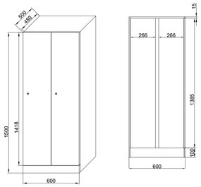 Šatníková skrinka s lavičkou, 2 oddiely, 1875 x 600 x 500/800 mm, zámok s čítačkou RFID kariet, laminované dvere, biela