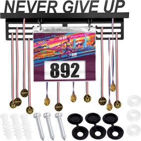 Kovový vešiak na medaily a štartové čísla NEVER GIVE UP - čierny
