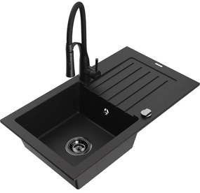 Mexen Pablo, 1-komorový granitový drez 752x436x161 mm a drezová batéria Aster, čierna, 6510-77-73450-70-B