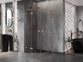 Mexen Lunar, L polkruhový výklopný sprchový kút 90 x 90 cm, 8mm číre sklo, profil medená matná, 833L-090L-090P-65-00