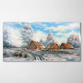 Skleneny obraz Zimné chata strom voľne žijúcich živočíchov