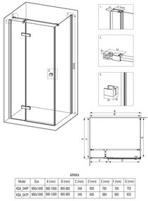 Deante Arnika, obdĺžnikový sprchový kút 100 (dvere) x80 (stena) cm, výška 200cm, 6mm číre sklo s EasyClean, čierny profil, KQA_046P