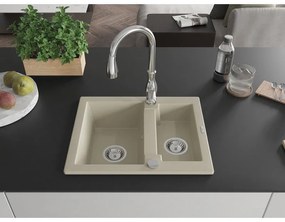 Mexen Carlos, 1,5-komorový granitový drez 582x475x177 mm a drezová batéria Savita, béžová, 6518-69-672601-00