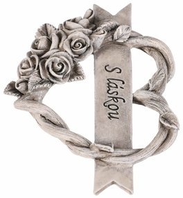 Pietna dekorácia Srdce s ružami a stuhou, polyresin, 12 x 10 x 2 cm