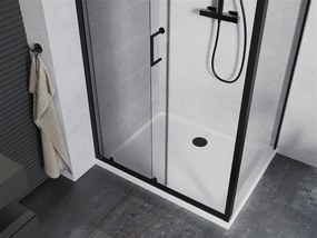 Mexen APIA, sprchový kút s posuvnými dverami 140 (dvere) x 90 (stena) cm, 5mm číre sklo, čierny profil + biela sprchová vanička, 840-140-090-70-00-4010B
