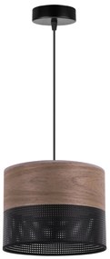 Závesné svietidlo Wood, 1x hnedá orechová dýha/čierne PVC tienidlo, (fi 20cm)