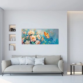 Obraz - Motýľ a kvety, olejomaľba II. (120x50 cm)