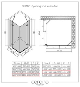 Cerano Marino Duo, sprchovací kút 120(dvere) x 110(dvere), 6mm číre sklo, čierny profil, CER-CER-480217