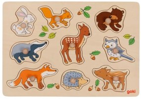 Goki Edukačná drevená vkladačka/puzzle s úchytmi Lesné zvieratká